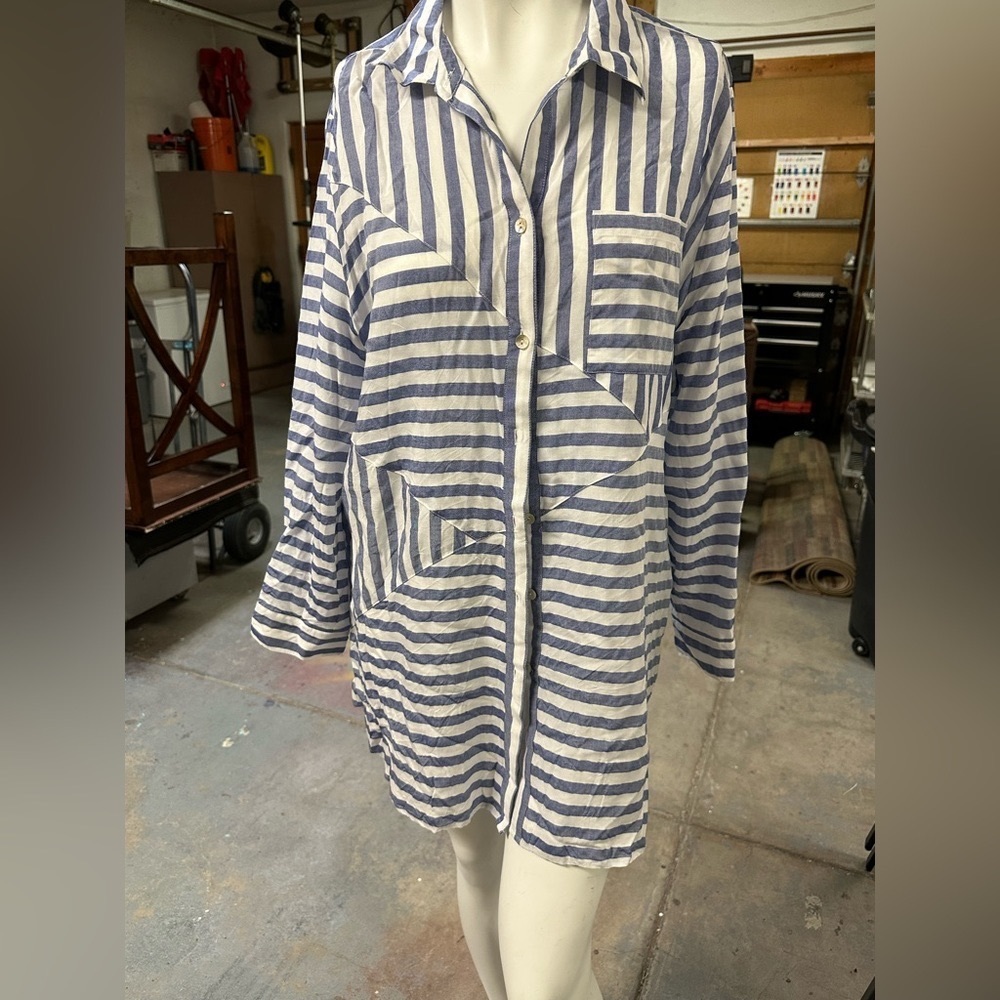 Chico’s crazy stripe button up top.